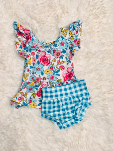 Blue Floral Gingham Set