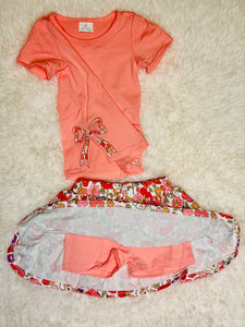 Pink Embroidered Floral Skort Set