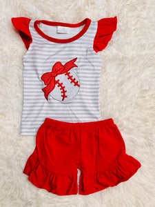 Red Baseball Bow Set