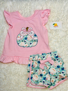 Pink Pumpkin Applique Shorts Set