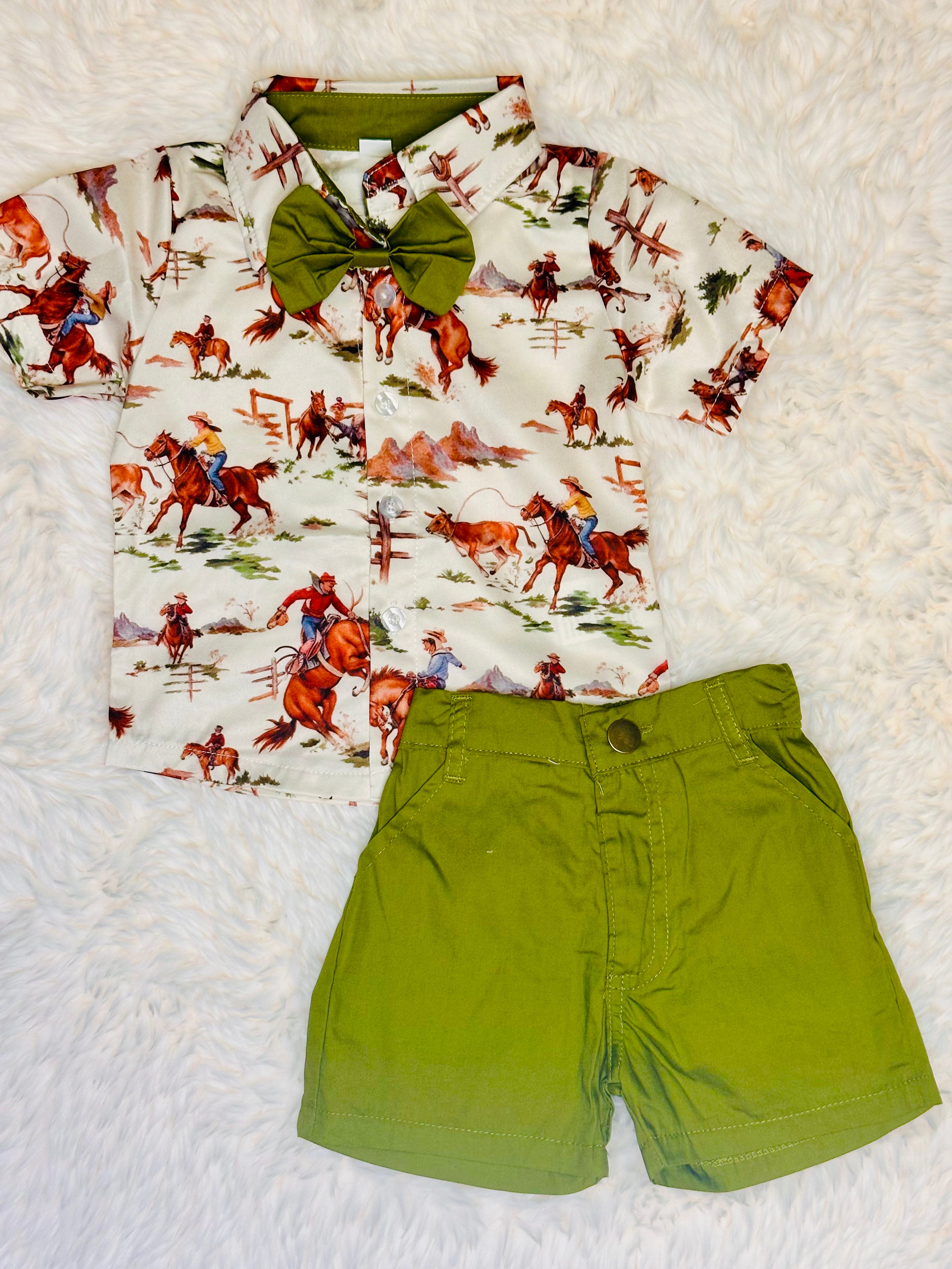 Cowboy Button Up Green Shorts Set