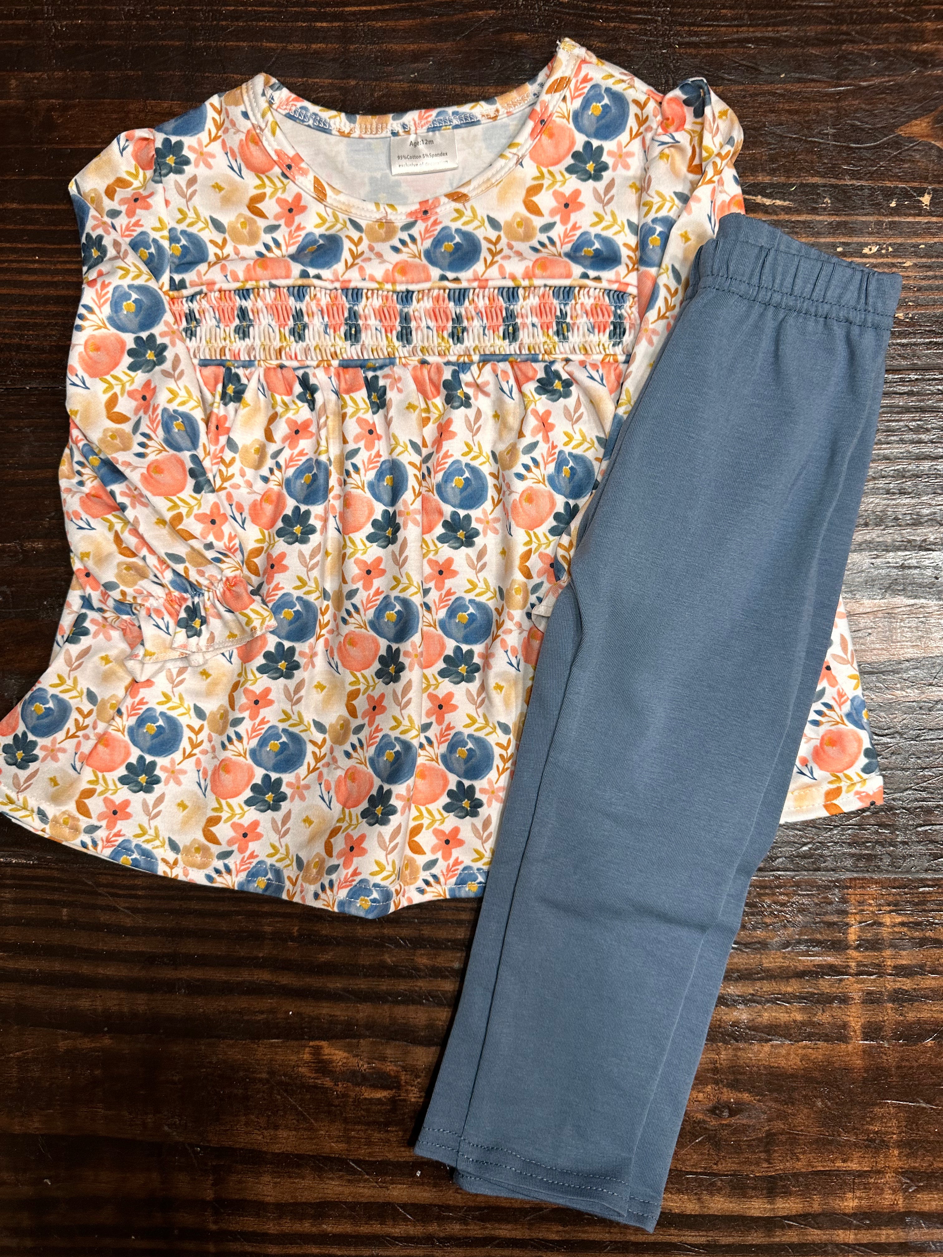 Peach/Navy Floral Smocked set